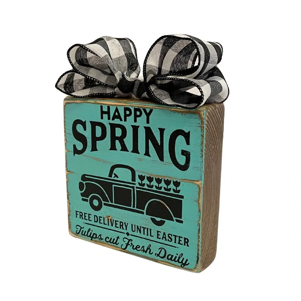 Vintage Truck Sign - Vintage‎ Truck Shelf Sitter - Teal Sign - Happy Spring